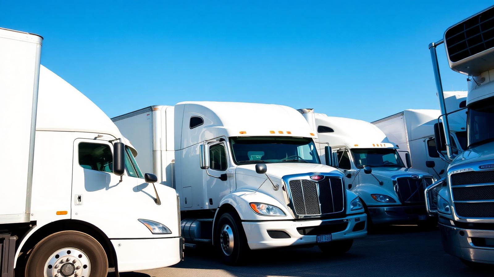 Row of modern 53 foot dry van semi trucks