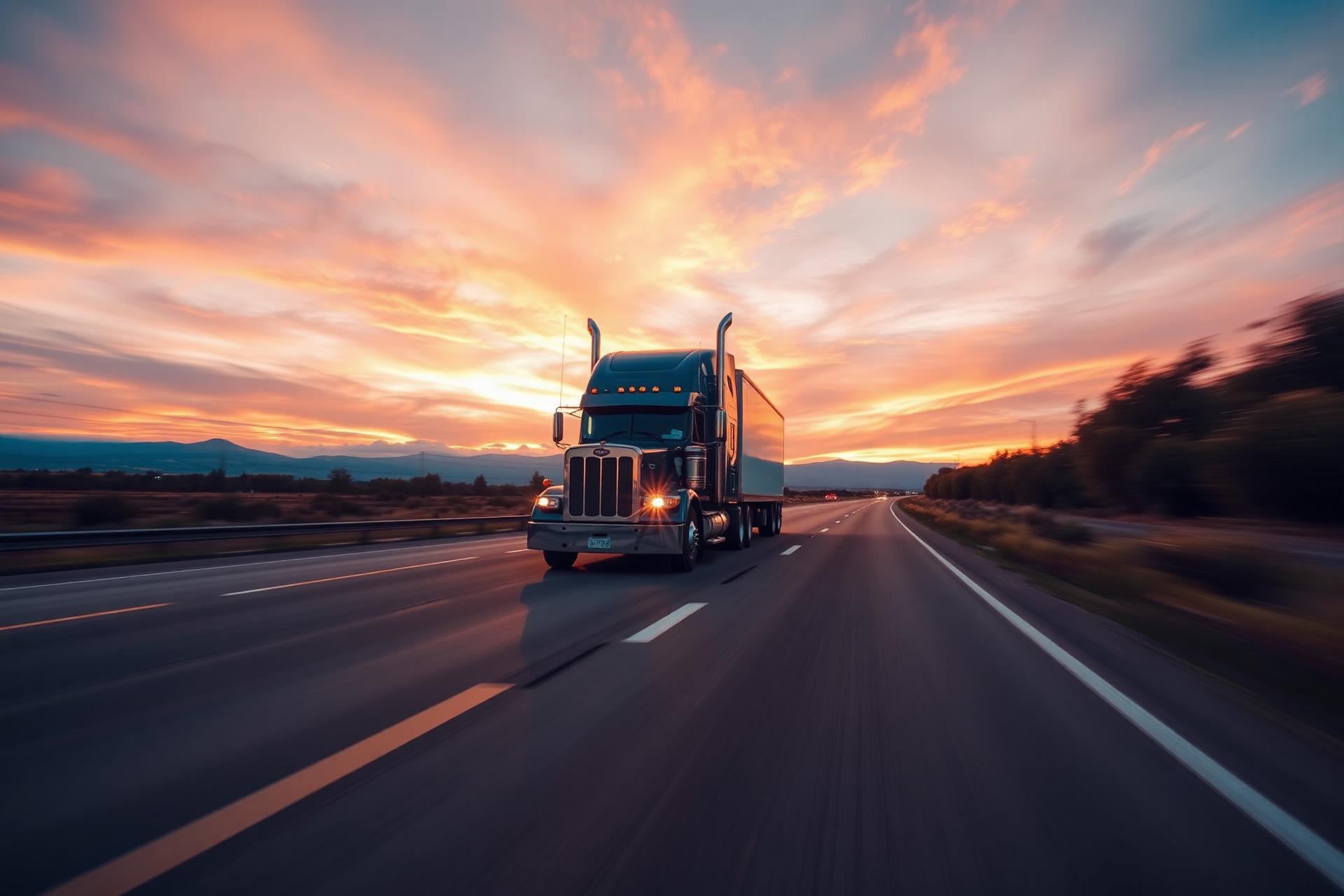 Semi-truck at sunset on an American highway